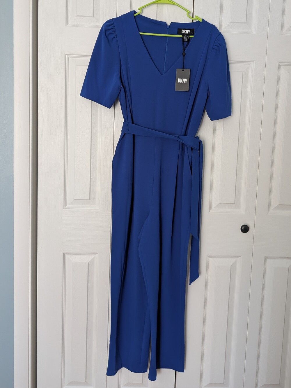 DKNY Cobalt Blue V-Neck Belted Jumpsuit